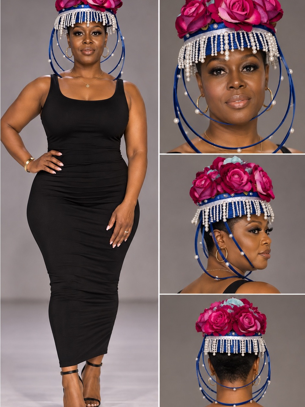 Floral Pearl Fringe Statement Headpiece in Fuchsia and Blue